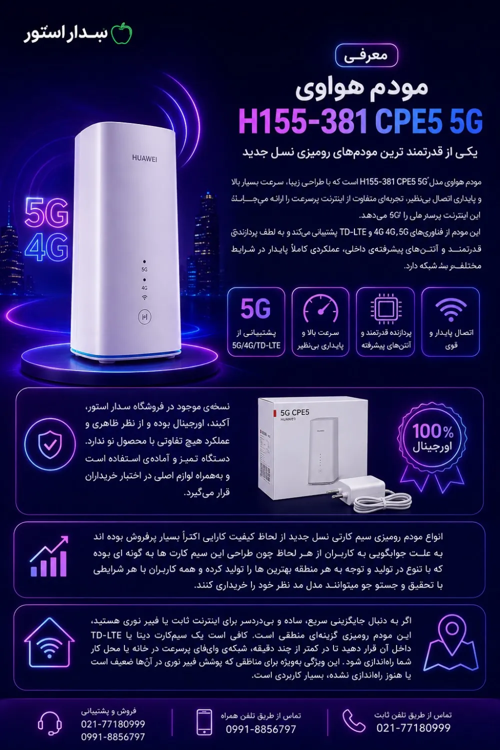 مودم هواوی مدل H155-381 CPE5 5G آکبند پلمپ اورجینال